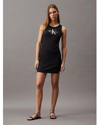Calvin Klein - Vestido de tirantes con monograma de canalé de algodón - Lyst