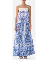 CAMILLA - Long Tiered Dress With Bow Ties Ceramic Panoramic - Lyst