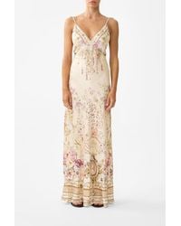 CAMILLA - V Neck Full Length Bias Slip Dress Adorned - Lyst