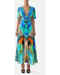 CAMILLA - Shaped Waistband Dress With Flutter Sleeves Jungle Flight - Lyst
