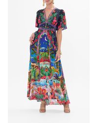 CAMILLA - Shaped Waistband Dress With Flutter Sleeves Midnight Muses - Lyst