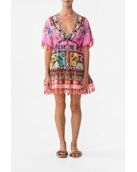 CAMILLA - Short V Neck Embroidered Dress Patchwork Panorama - Lyst