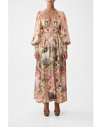 CAMILLA - Shaped Waistband Dress With Gathered Sleeves Watercolour Wonderland - Lyst