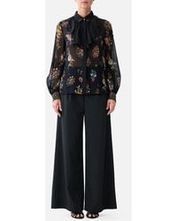 CAMILLA - Collared Shirt With Frill Neck Detail Night Garden - Lyst