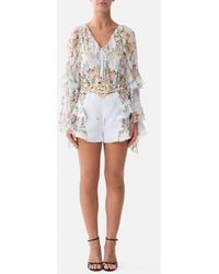 CAMILLA - Lace Up V Neck Blouse With Cascade Ruffles Seville Sweetheart - Lyst
