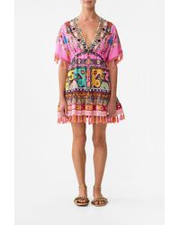 CAMILLA - Short V Neck Embroidered Dress Patchwork Panorama - Lyst