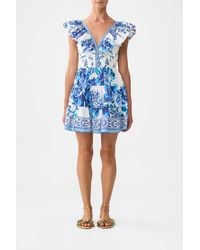 CAMILLA - Tiered Short Dress With Neck Frill A Ceramic Garden - Lyst