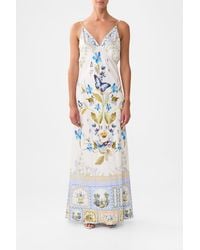 CAMILLA - V-Neck Long Bias Slip Dress With Train Botanical Ballads - Lyst