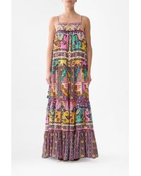 CAMILLA - Long Tiered Dress With Bow Ties Patchwork Panorama - Lyst