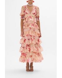 Camilla eBoutique - Puff Sleeve Tiered Skirt Long Dress Blossoms And Brushstrokes - Lyst