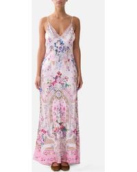 CAMILLA - V-Neck Long Bias Slip Dress With Train Palatial Pastels - Lyst