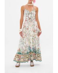 CAMILLA - Long Dress With Tie Front Plumes And Parterres - Lyst