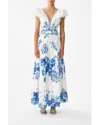 CAMILLA - Deep V Frill Short Sleeve Top A Ceramic Garden - Lyst