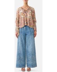 CAMILLA - Lace Up V Neck Blouse With Cascade Ruffles Chamber Of Blooms - Lyst