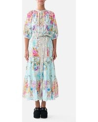 CAMILLA - Puff Sleeve Midi Shirt Dress With Tie Bazaar Blooms - Lyst