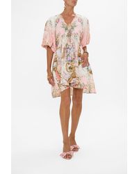CAMILLA - V Neck Puff Sleeve Short Dress Lisbon Lullaby - Lyst