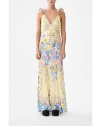 CAMILLA - V Neck Bias Slip Dress With Back Frill Darling Buds - Lyst