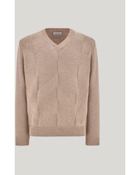 Canali - Taupe Cotton And Silk V-Neck Sweater With Structured Pattern - Lyst