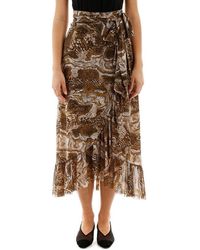Ganni Ruffled Printed Stretch-mesh Wrap Skirt - Brown