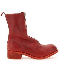 Guidi Front Zip Leather Ankle Boots - Red