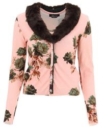 Blumarine Floral Print Twin Set With Faux Fur - Pink