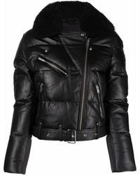 Moose Knuckles Shearling Collar Padded Leather Jacket - Black