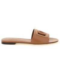 Dolce & Gabbana Leather Sliders With Logo - Brown