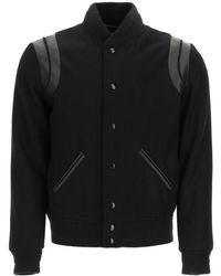 Saint Laurent Teddy Bomber In Wool And Leather - Black