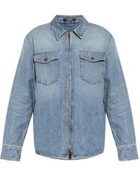 Versace - Camicia Denim Con Zip E Tasche Applicate Con Dettaglio Logo In - Lyst