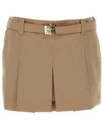 Miu Miu Panama Pleated Mini Skirt With Belt in Brown | Lyst