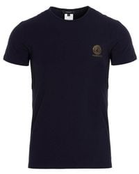 Versace Man's Blue Cotton T-shirt With Logo Print