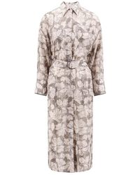 Brunello Cucinelli - Floral Printed Belted Midi Dress - Lyst