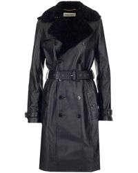 Saint Laurent Trench Lungo In Shearling - Black
