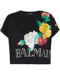 Balmain - Floral Printed Cropped T-shirt - Lyst