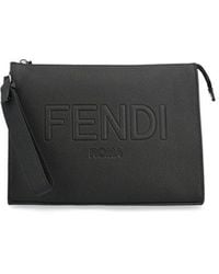 Fendi - Leather Clutch With Logo And Wrist Strap - Lyst