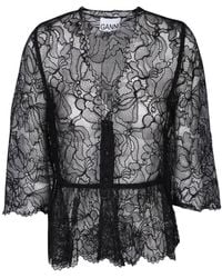 Ganni - Floral Lace V-Neck Sheer Peplum Top - Lyst