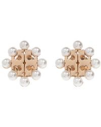 Tory Burch Logo Plaque Pearls Embellished Earrings - White