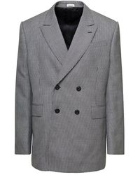 Alexander McQueen - Grey Double-breasted Jacket With Houndstooth Pattern In Wool - Lyst