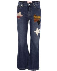 Marni - Denim Flare Trousers With Knitted Appliqués - Lyst