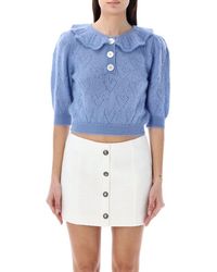 Alessandra Rich - Embellished Short Puff Sleeved Knitted Top - Lyst