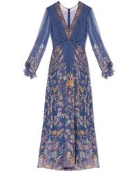 Etro - Floral Printed Long Sleeved V-neck Dress - Lyst
