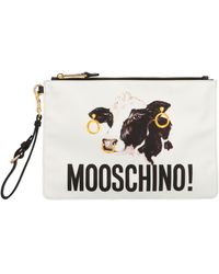 Moschino Cow Printed Zipped Clutch Bag - White