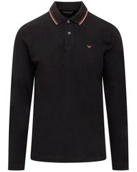 Emporio Armani - Micro Eagle Embroidered Long-sleeved Stretch Pique Polo Shirt - Lyst
