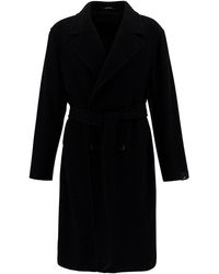 Tagliatore - Black Double-breasted Coat With Matching Belt In Wool Blend Man - Lyst