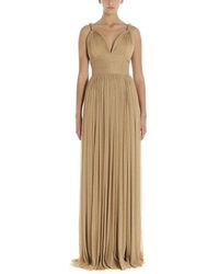 Elie Saab Deep Back V-neck Pleated Split Dress - Metallic