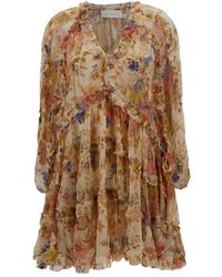 Zimmermann - 'august' Mini Multicolor Frill Dress With Floreal Print In Viscose Woman - Lyst