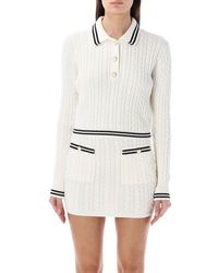 Alessandra Rich - Cropped Cable-knitted Polo Jumper - Lyst