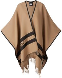 Moncler Logo Embroidered Frayed Edge Poncho - Natural