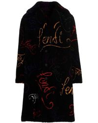 Fendi Allover Logo Single Breasted Coat - Black