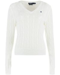 Polo Ralph Lauren - Polo Ralph Laure Kimberly V-neck Cable Knit Jumper - Lyst
